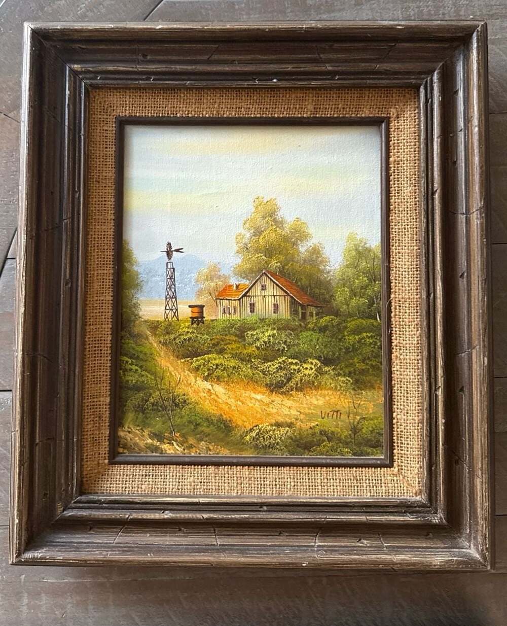 Vintage Autumn Barn Oil Painting: 1970s Rustic Fall Landscape -burlap matted fra